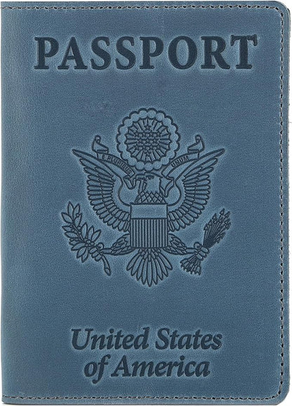 Shvigel US Leather Passport Book Cover - Thin American Travel Passport Holder - Premium International USA Passport Protector Case for Women Men (Light Blue Vintage)