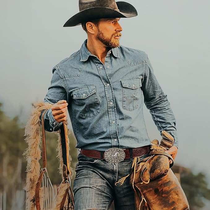 SANSTHS Western Cowboy Ratchet Belts for Men Women Leather Cowboy Belt with Automatic Western Buckle for Jeans Gifts