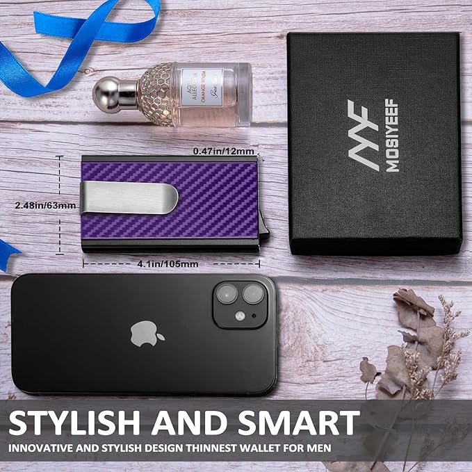 MOSIYEEF Slim Leather Card Holder RFID Wallet for Men - Minimalist Pop Up Men Wallet with Money Clip-wrapped Compact Carbon Fiber Wallet for 6 Credit Cards - Gifts for Him, Lilac Purple