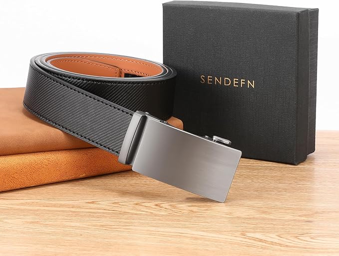 SENDEFN Men's Leather Belt Automatic Ratchet Buckle Slide Belt for Dress Casual Trim to Fit with Gift Box