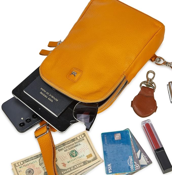 Leather Sling Bag for Women Genuine Crossbody Purse Small Trendy Cross Over Chest with Phone and Credit Card Slots (Mustard Nappa)