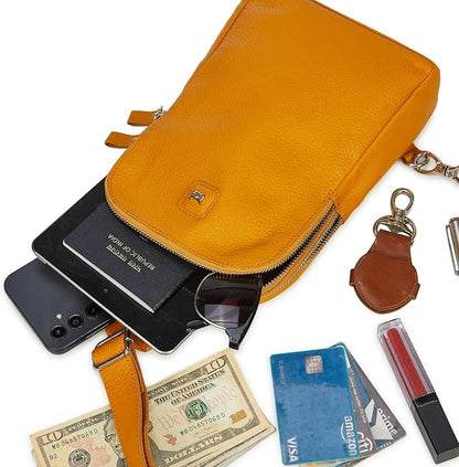 Leather Sling Bag for Women Genuine Crossbody Purse Small Trendy Cross Over Chest with Phone and Credit Card Slots (Mustard Nappa)