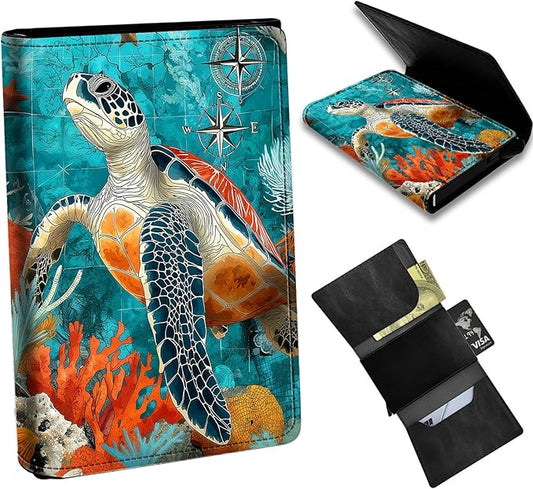 Minimalist Wallet for Men's Card Holders, Pop-Up Card Case Durable Wallets for Women, Leather Automatic Credit Card Holder with Metal Money Clip RFID Blocking Bifold Pocket, Blue Sea Turtle