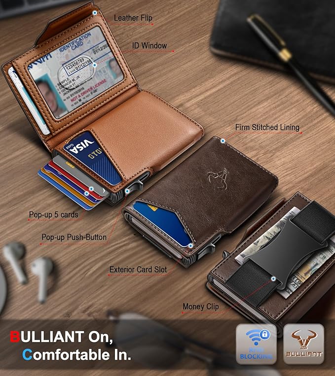 BULLIANT Men Wallet Gift Boxed,Slim Front Pocket Wallet Money Clip Card Holder 3.8"x2.7",Pop-up Access