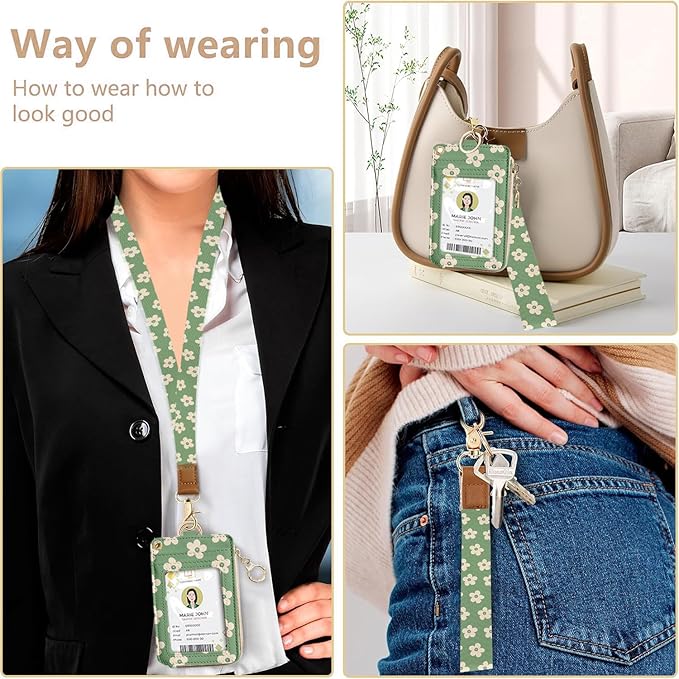 bolimoss Groovy Flowers Lanyard with ID Holder for Women Teacher, Cute Floral ID Badge Holder with Neck Lanyard ID Badge Wallet Case with 1 ID Window, 5 Card Slots, 1 Side Zipper Pocket, Ring Keychain