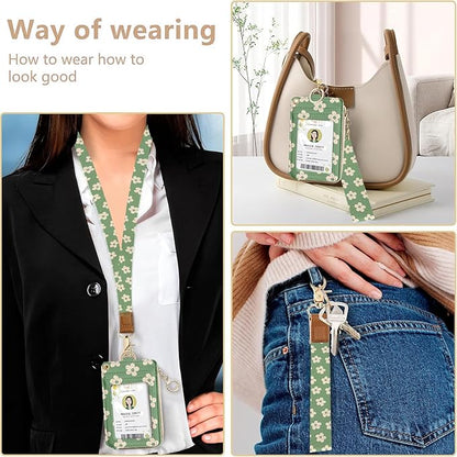 bolimoss Groovy Flowers Lanyard with ID Holder for Women Teacher, Cute Floral ID Badge Holder with Neck Lanyard ID Badge Wallet Case with 1 ID Window, 5 Card Slots, 1 Side Zipper Pocket, Ring Keychain