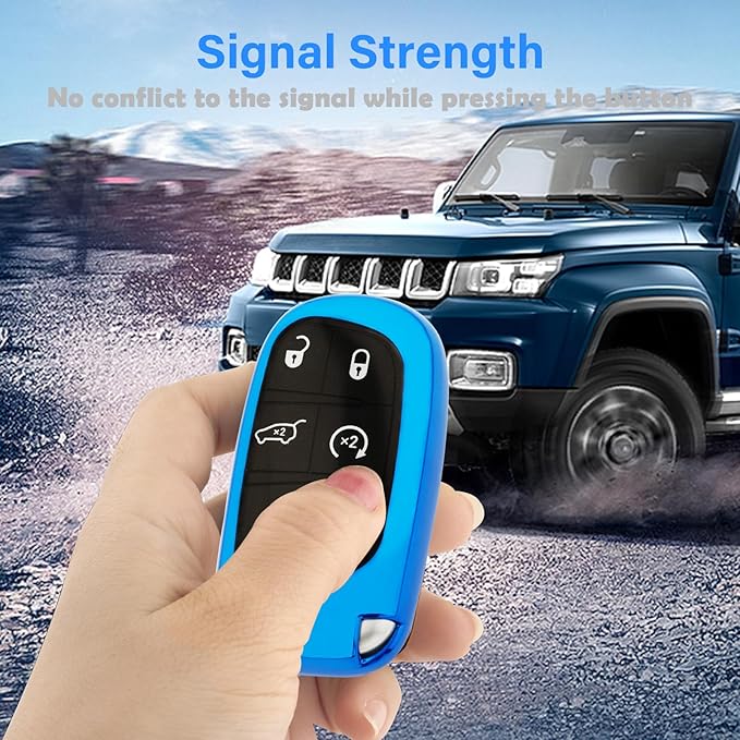 XIYANG TRADE for Jeep Key Fob Cover with Keychain,Soft TPU Key Case Shell Full Protection for Grand Cherokee Renegade Chrysler 200 300 Dodge RAM Durango Challenger Journey Dart Compass Charger(Blue)
