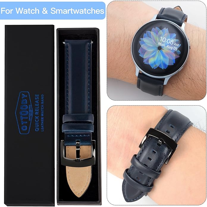 OTTOODY Leather Watch Bands Quick Release, Elegant Top Grain Leather Watch Straps for Men & Women, Choice of Color & Width - 18mm, 19mm, 20mm, 21mm or 22mm Wristbands Bracelet for Watch & Smartwatch