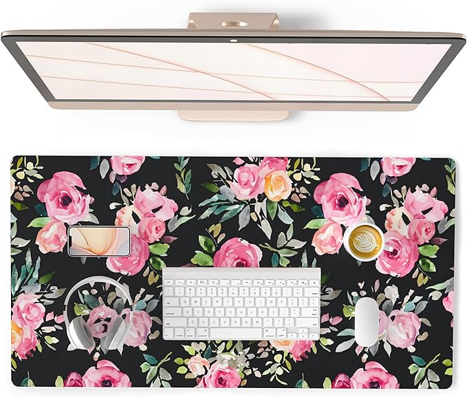 QiyI Large Mouse Pad, Floral Desk Mat for Desktop, Women Girls Watercolor Pink Flowers Office Décor Desk Accessories, PU Leather Waterproof Gaming Mousepad, Black Desk Pad Computer Mat, 31.5" x 15.7"