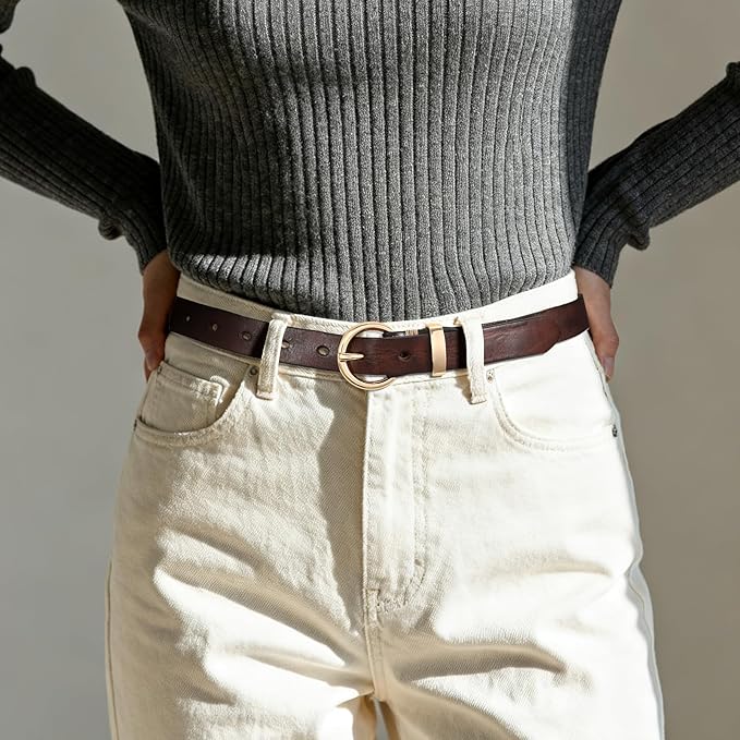 SANSTHS Womens Genuine Leather Belts for Jeans Pants Trendy Vintage Thin Leather Belt Gold Buckle Ladies Skinny Waist Belt