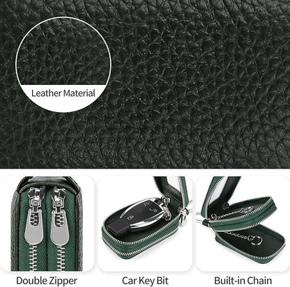 SENDEFN Car Key Fob Case Double Zipper Leather Smart Remote Keychain Protector Holder with Transparent Window