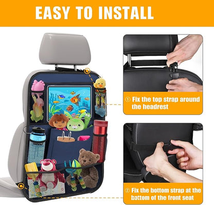 ULEEKA Car Backseat Organizer with 11" Table Holder, 10 Storage Pockets Seat Back Protectors Kick Mats for Kids Toddlers, Travel Accessories, 2 Pack, Blue