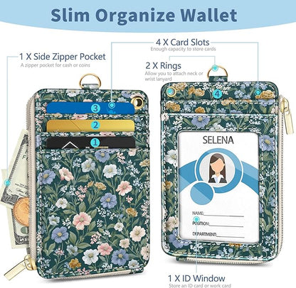 Lanyard Wallet with Id Badge Holder, Floral RFID Small Keychain Wallet Women Wristlet, Cute Zipper Credit Card Holder Phone Wrist Neck Strap for Key Name Tag, Teacher Student Office Gifts