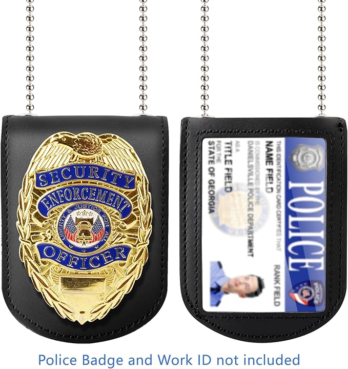Wisdompro Police Badge Holder, Cowhide Leather Universal Police Badge Holder Pocket Case with Clear ID Window and Inside Card Slot, Hook and Loop Closure and Stainless Bead Chain Necklace - Rectangle