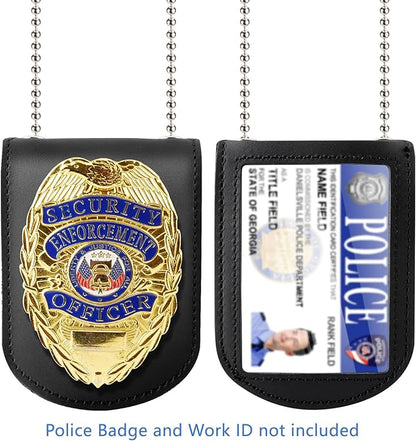 Wisdompro Police Badge Holder, Cowhide Leather Universal Police Badge Holder Pocket Case with Clear ID Window and Inside Card Slot, Hook and Loop Closure and Stainless Bead Chain Necklace - Rectangle