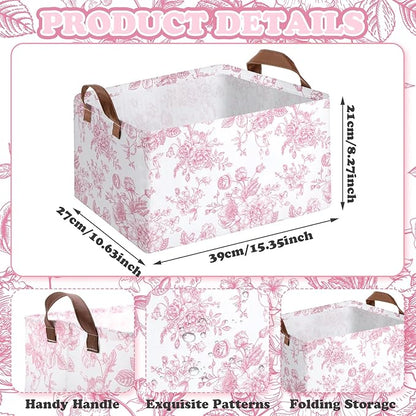 Boao 3 Pcs Pink Floral Foldable Storage Baskets Pink Hydrangea Laundry Basket with Handles Waterproof Storage Bins Fabric Shelf Baskets for Organizing Closet Clothes
