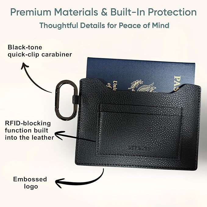 Passport Holder – Slim RFID Blocking Leather Passport Wallet with Built-In RFID Protection & Black-Tone Carabiner, Travel Essentials (Black Embossed Logo)