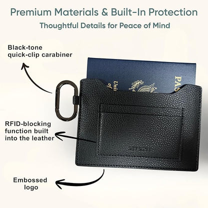 Passport Holder – Slim RFID Blocking Leather Passport Wallet with Built-In RFID Protection & Black-Tone Carabiner, Travel Essentials (Black Embossed Logo)