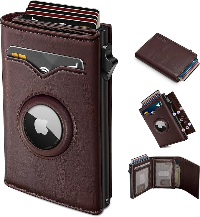 miyozi Airtag Wallet for Men,with Cash Pocket 2 ID Window 9-12 Cards,Metal Case Smart Slim Pop Up Credit Card Holder Flip with Magnetic Closure RFID Blocking Trifold wallet with Gift Box