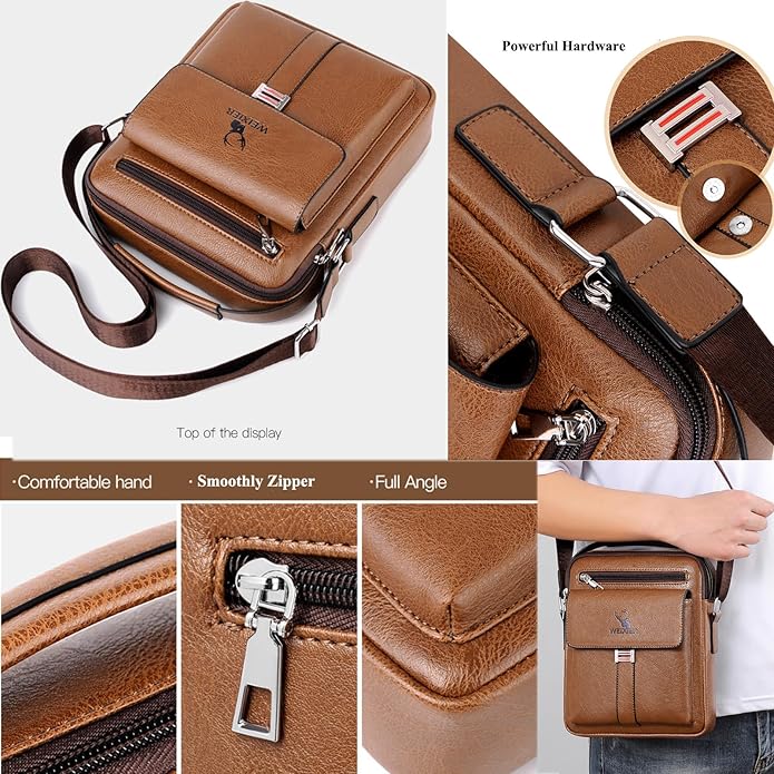 Messenger Bag for Men Crossbody Shoulder Purse Small Vintage PU Leather Satchel Pouch Side Crossover Handbag