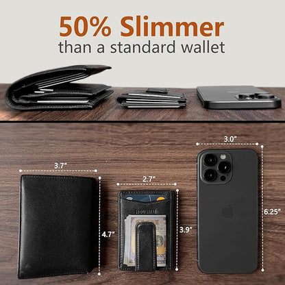 Magnetic Closure Slim Wallet for Men with Money Clip Gift Boxed,Genuine Leather Front Pocket Wallet, 3.9"x 2.7", RFID Blocking