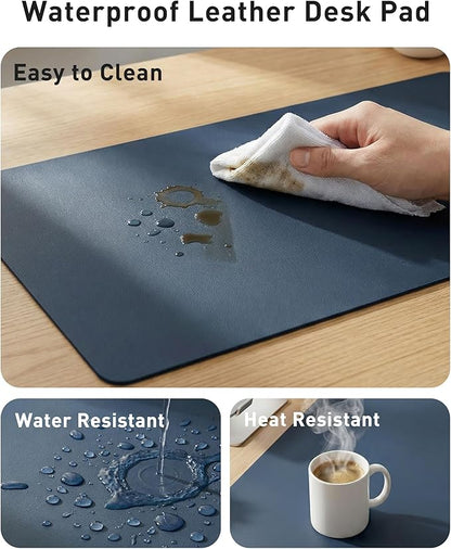 Aothia Faux Leather Desk Mat - Large Mouse Pad, Non-Slip PU Leather Blotter, Waterproof Writing Surface for Office and Home (Dark Blue, 63" x 17")
