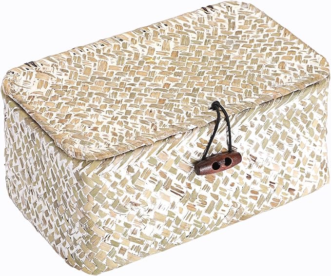 Hipiwe Mini Seagrass Basket with Lid Decorative Shelf Basket Box Multipurpose Desktop Organizer, Whitewash 7.0" x 4.3" x 3.3"