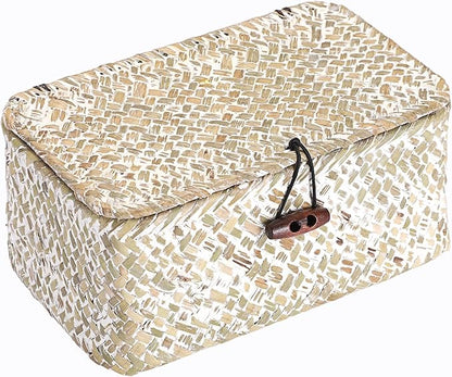 Hipiwe Mini Seagrass Basket with Lid Decorative Shelf Basket Box Multipurpose Desktop Organizer, Whitewash 7.0" x 4.3" x 3.3"