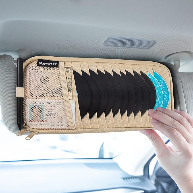 alavisxf xx Car CD Holder, DVD Vehicle Visor Storage Organizer, Large Capacity CD Visor Case with 12 Sleeves, 1 Mesh Pocket, 1 Pen Holder, 1 Back Inner Pocket (Apricot)