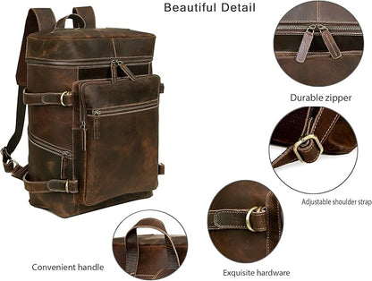 HLC Leather Backpack Genuine Laptop Rucksack For Men Women Genuine Large Capacity Business Retro Travel Camping Daypack Bag (Brown)