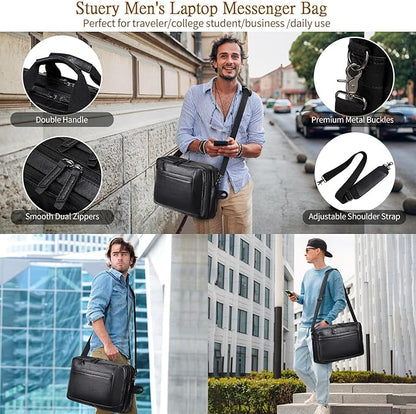 Faux Leather Messenger Bag for Men 17-17.3 Inch: Convertible 3 in 1 Backpack Laptop Briefcase Computer Handbags Shoulder CrossbodyBag with Padded for Work College Travel, PU Black