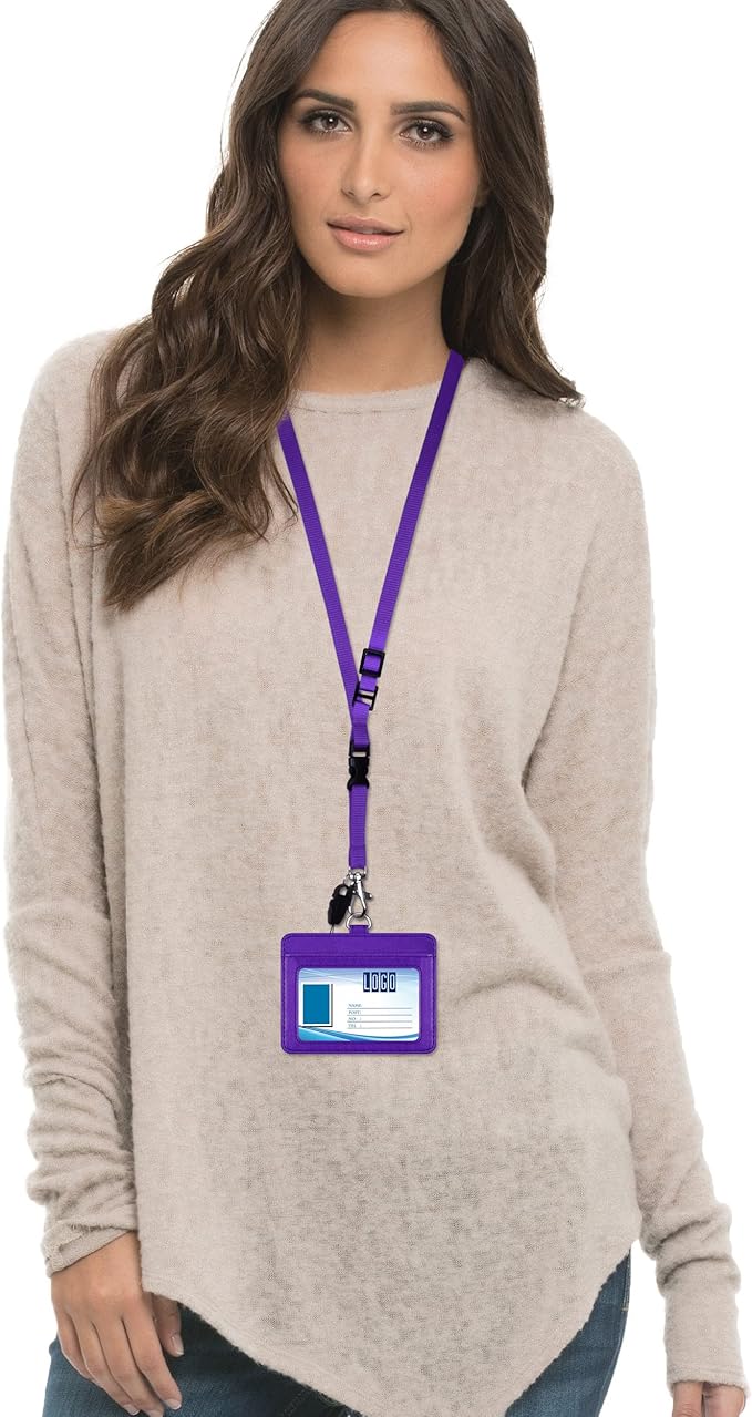 Wisdompro 2-Sided PU Leather ID Badge Holder with 1 ID Window and 1 Card Slot and 1 piece 23 Inch Adjustable Polyester Detachable Neck Lanyard Strap (Holds 3 to 4 Cards) - Purple (Horizontal)