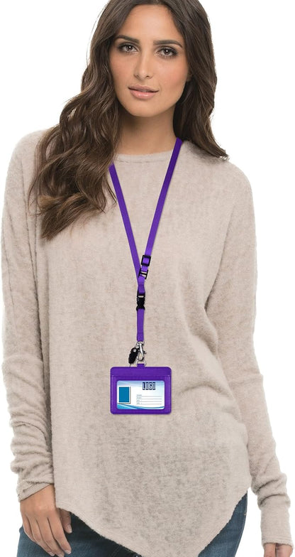 Wisdompro 2-Sided PU Leather ID Badge Holder with 1 ID Window and 1 Card Slot and 1 piece 23 Inch Adjustable Polyester Detachable Neck Lanyard Strap (Holds 3 to 4 Cards) - Purple (Horizontal)