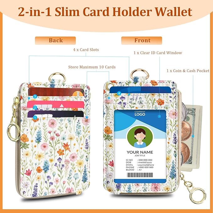 Cute Floral ID Badge Holder with Lanyard Wallet, Women Lanyards for ID Badges, RFID Zipper ID Case Card Holder, Adjustable Neck Lanyard Wrist Strap with Keychain for Teacher Doctor Nurse Gift