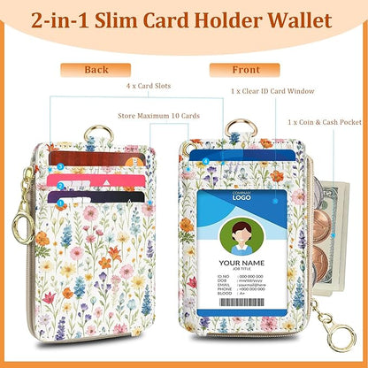 Cute Floral ID Badge Holder with Lanyard Wallet, Women Lanyards for ID Badges, RFID Zipper ID Case Card Holder, Adjustable Neck Lanyard Wrist Strap with Keychain for Teacher Doctor Nurse Gift
