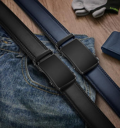 KEMISANT Men Belt 2 Pack, Leather Ratchet Belt Easy Click Slide For Men 1 3/8",Cut for Fit