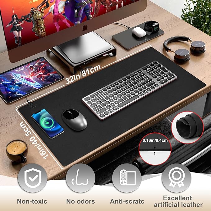 Desk Mat with Wireless Charging, Black Mouse Pad with Wireless Charger, Desk Pad Matt for Desktop, Mousepad Gaming Large Mouse Pad, Leather Compute for Keyboard and Mouse, 32" x 16"