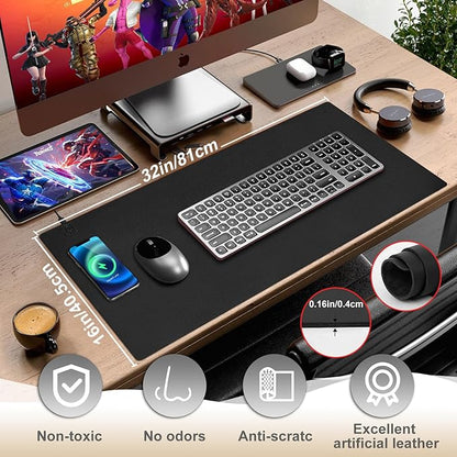 Desk Mat with Wireless Charging, Black Mouse Pad with Wireless Charger, Desk Pad Matt for Desktop, Mousepad Gaming Large Mouse Pad, Leather Compute for Keyboard and Mouse, 32" x 16"