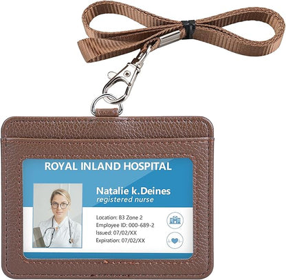 Teskyer Badge Holder with Lanyard, Leather ID Name Badge Card Holder with Lanyard for ID Badges, Horizontal, Lychee Pattern Coffee