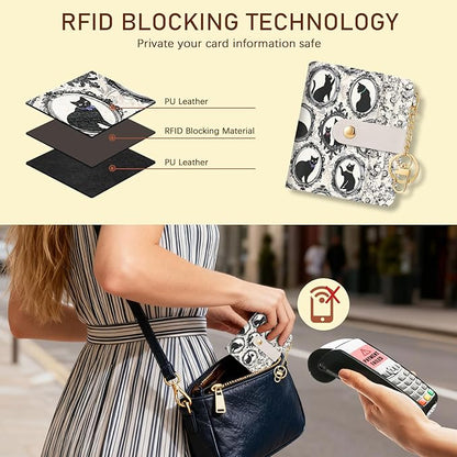 Jogjam Vintage Black Cats Rfid Ladies Wallet, Small Slim Thin Compact Credit Card Women Wallet, Art Aesthetics PU Leather Bifold Cash Zipper Coin Pocket for Female