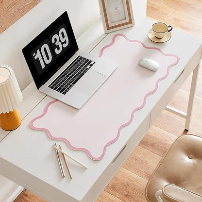 Ralxion Pink Scalloped Desk Mat, 31.5" x 15.7", PU Leather, Waterproof Anti-Slip, Cute Aesthetic Desk Pad for Office/Home/Game/Vanity Large
