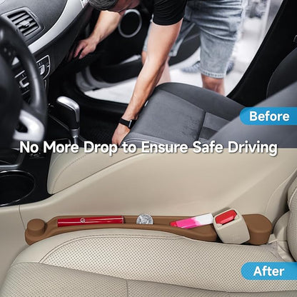 Car Seat Gap Filler Set of 2, 3IN1 Seat Side Gap Filler Plug with Storage Slot & Hook Function, Soft Foam Universal Fit Car SUV Truck Fill Gap Between Seats Console Organizer（Standard Saddle Brown）