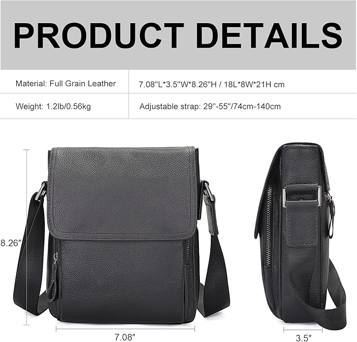 Augus Leather Messenger Crossbody Shoulder Bag for Men Work Business Casual Adjustable straps With YKK Metal Zipper