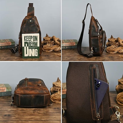 Thick Crazy horse Leather Triangle Crossbody Sling Chest Bag Travel One Shoulder Bag Daypack For Men Male 3028
