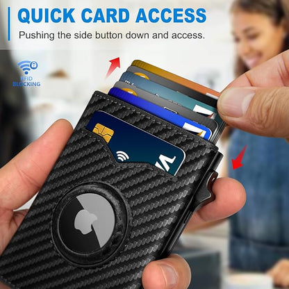 miyozi Airtag Wallet for Men,with Cash Pocket 2 ID Window 9-12 Cards,Metal Case Smart Slim Pop Up Credit Card Holder Flip with Magnetic Closure RFID Blocking Trifold wallet with Gift Box