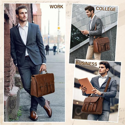 RAINSMORE Messenger Bag for Men 18 Inch Vintage Leather Laptop Briefcase Large Laptop Bag Waterproof Computer Satchel for Office Work Travel College, Brown