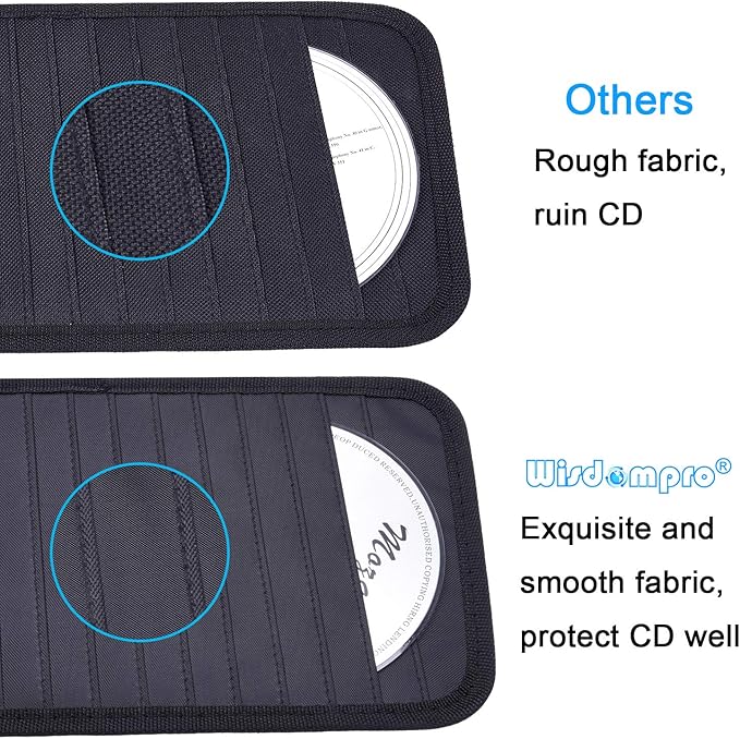 Car CD Case Holder, Wisdompro Vehicle Sun Visor Organizer for Cars with 12 DVD Storage Sleeves, 1 Mesh Pocket, 1 Pen Holder and Elastic Strap, Black