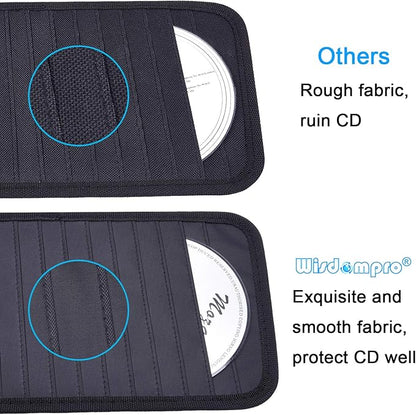 Car CD Case Holder, Wisdompro Vehicle Sun Visor Organizer for Cars with 12 DVD Storage Sleeves, 1 Mesh Pocket, 1 Pen Holder and Elastic Strap, Black