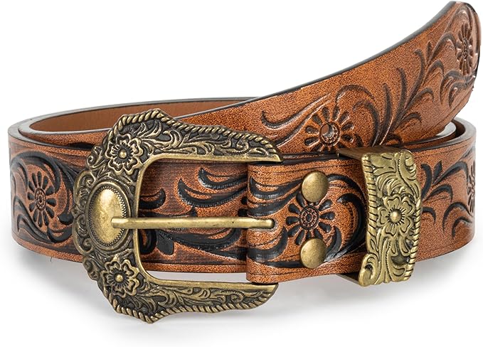 Mealah Vintage Western-Cowboy-Belt for Women Men - Carved Buckle PU Leather Waist Belts (for Waist 28"-38")