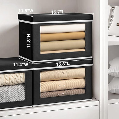 Homsorout Storage Bins with Lids, 4 Pack Large Storage Cubes with Window, Closet Bins with Lids & Handles, Fabric Box for Organizing Clothes, Towels, Books, Black